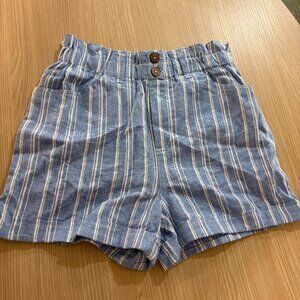 SO Shorts Small Blue White Stripes Paper Bag Waist Linen Rayon Blend Elastic